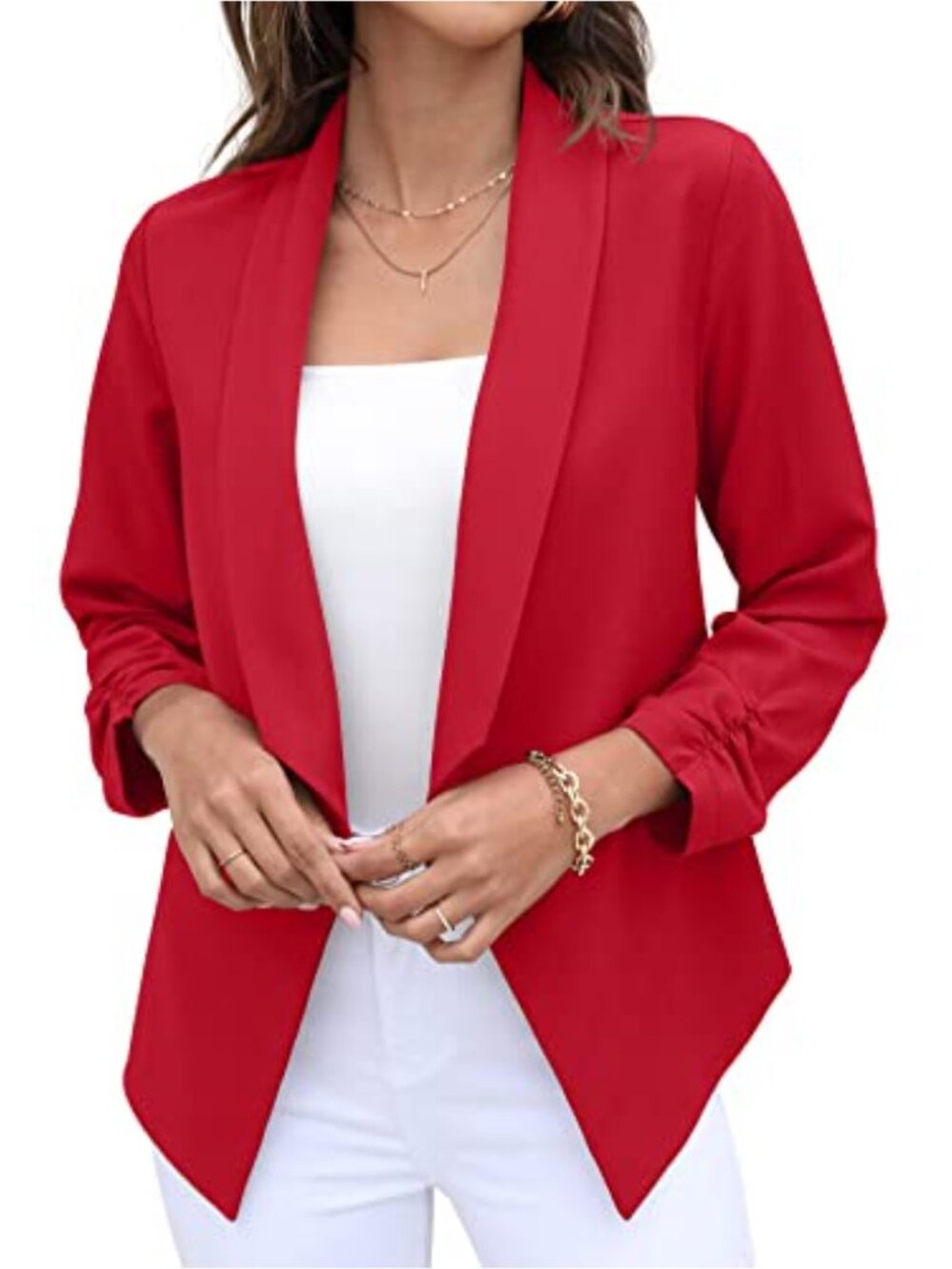 Womens Blazer Suit Open Front Cardigan 3/4 Ruched Sleeve Casual Work Cropped